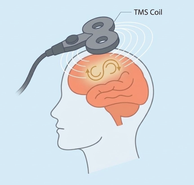 Illustration of a figure-8 TMS coil held above a head, its magnetic field lines reaching a highlighted area at the front of the brain.